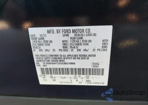 2016 Ford Explorer Platinum из США, поврежденный, VIN 1FM5K8HTXGGB31866